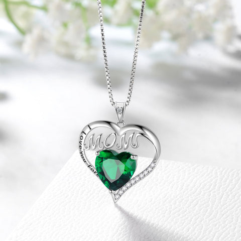 Women Necklace for Mom Grandma Mother's Day Gifts, Heart May Birthstone Necklace Emerald Green 925 Sterling Silver Pendant Christmas Jewelry - Aurora Tears