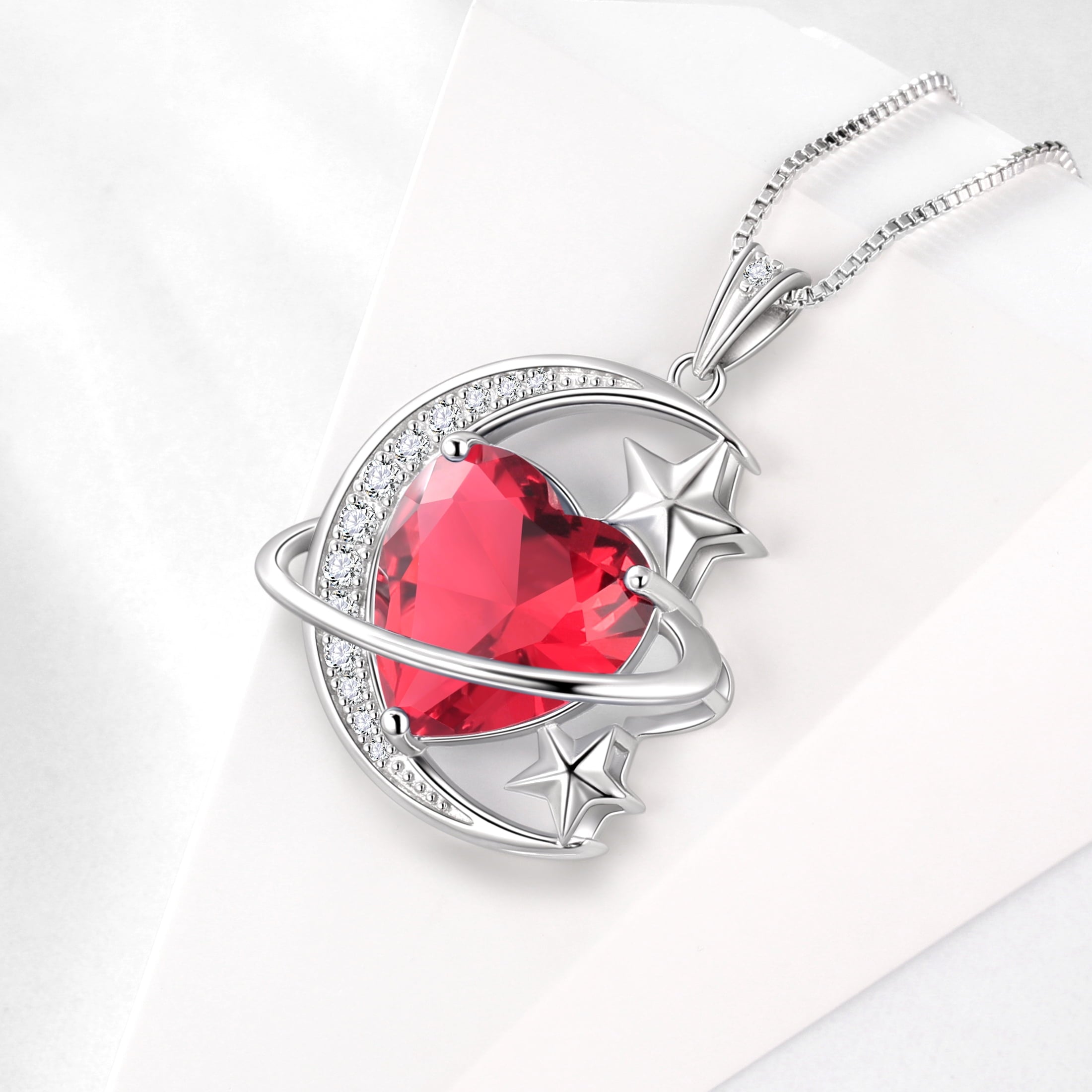 13MM Women Moon and Star Necklace Heart July Birthstone 925 Sterling Silver Pendant Red Ruby Celestial Jewelry Christmas Birthday Valentine's Day Gift for Her/Wife/Mother - Aurora Tears