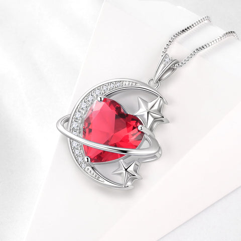 13MM Women Moon and Star Necklace Heart July Birthstone 925 Sterling Silver Pendant Red Ruby Celestial Jewelry Christmas Birthday Valentine's Day Gift for Her/Wife/Mother - Aurora Tears