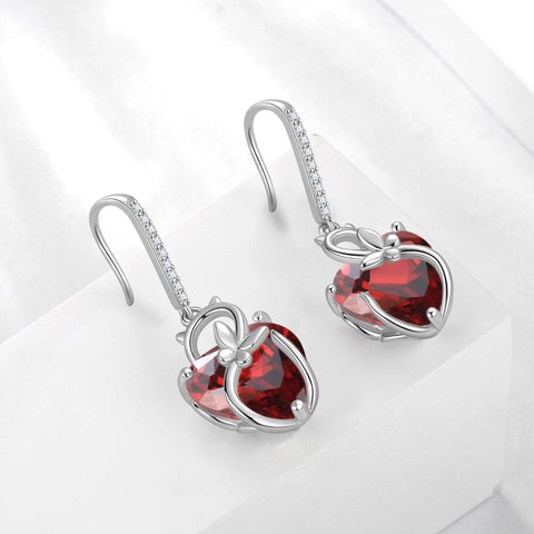 Cat Butterfly Earrings for Women 925 Sterling Silver Earrings Dangle Drop Hook Red Heart Garnet January Birthstone Jewelry Mother Christmas Birthday Valentine's Day Gift for Mom Wife - Aurora Tears
