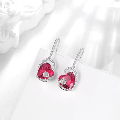 925 Sterling Silver Earrings Women Heart July Birthstone Hook Dangle Earrings Ruby Red Rose Jewelry Mother Christmas Valentine's Day Gift - Aurora Tears