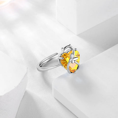 Women Heart Ring 925 Sterling Silver Cat Butterfly November Birthstone Citrine Solitaire Ring Jewelry Christmas Thanksgiving Gift for Mother Cat Lover - Aurora Tears