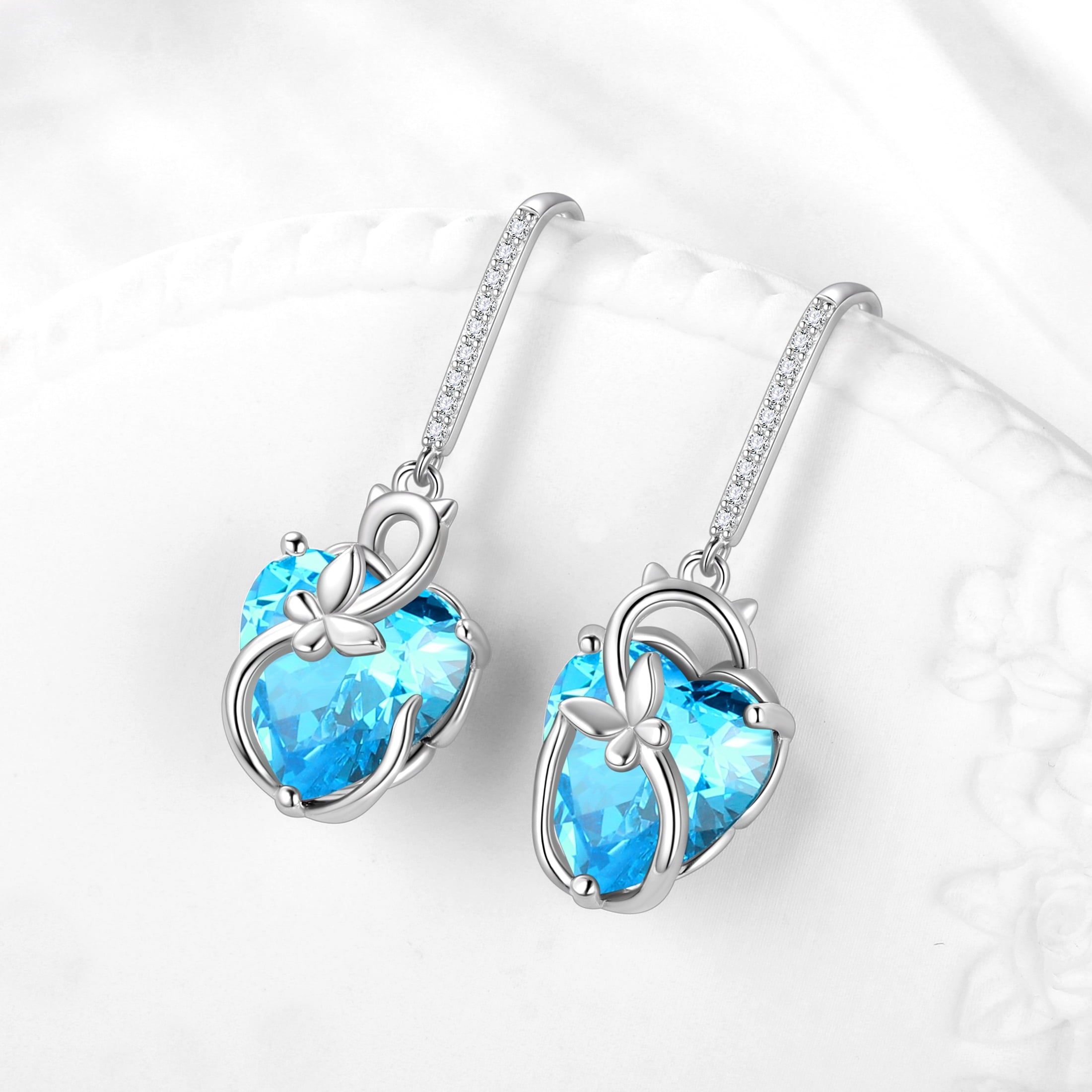 Cat Butterfly Earrings for Women 925 Sterling Silver Earrings Dangle Drop Hook Blue Heart Aquamarine March Birthstone Jewelry Mother Christmas Birthday Valentine's Day Gifts for Mom Wife - Aurora Tears