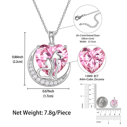 Women Animal Cat and Dog Necklace Pink Heart October Birthstone Charm Tourmaline Pendant Jewelry Christmas Birthday Gift for Mother Daughter Pet Lovers - Aurora Tears