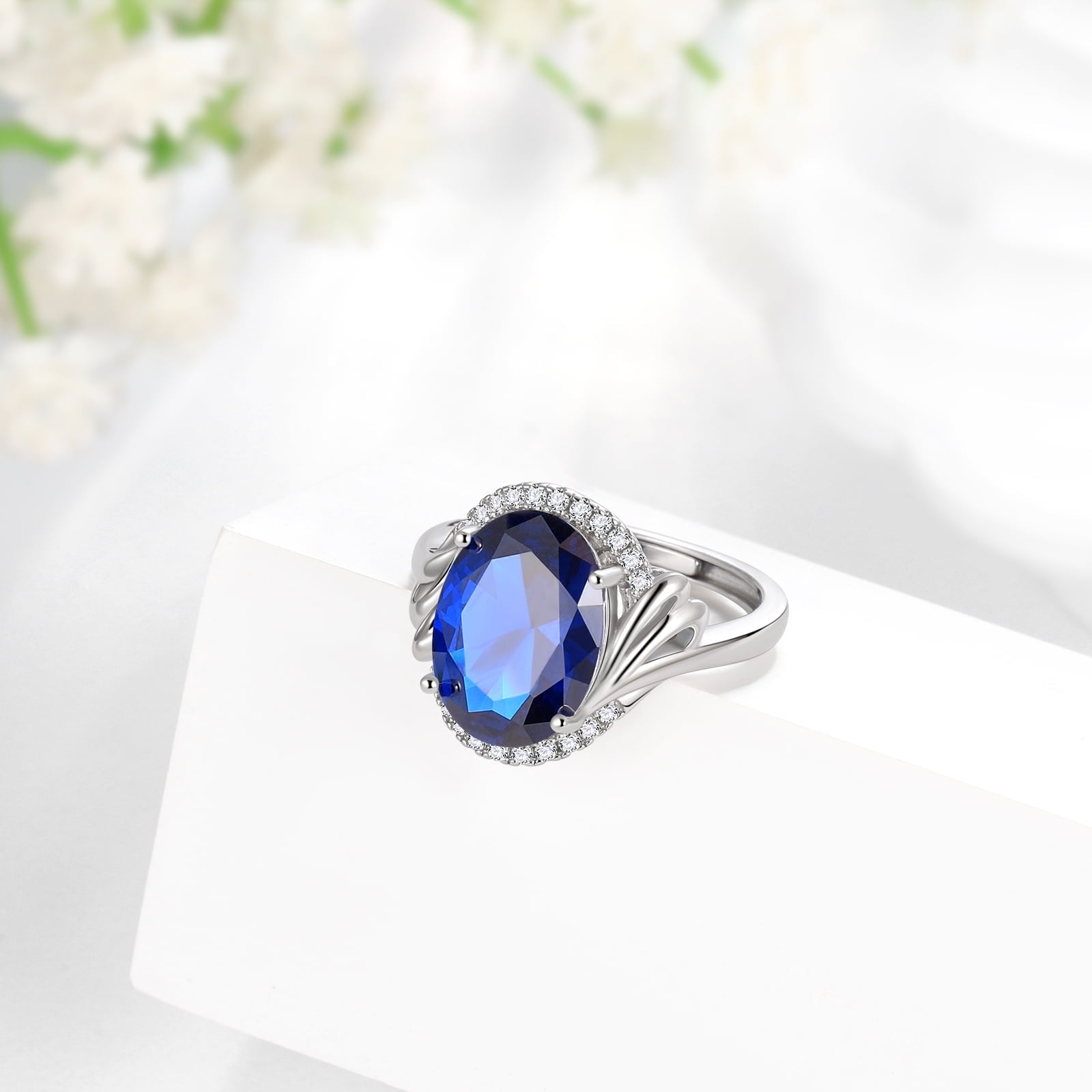 8Ct Oval Women Blue Sapphire Ring 925 Sterling Silver Halo September Birthstone Ring Jewelry Mom Grandma Birthday Christmas Mother's Day Gift - Aurora Tears