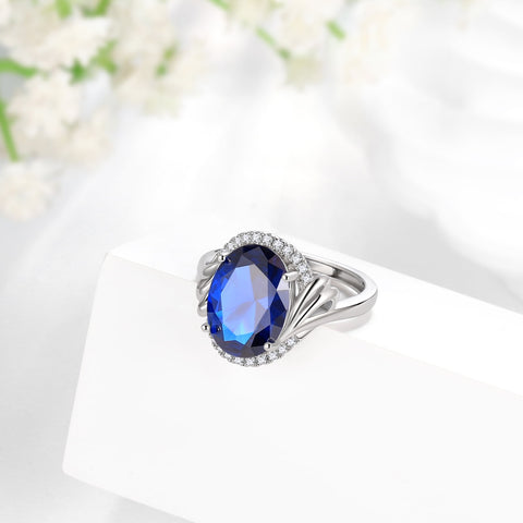 8Ct Oval Women Blue Sapphire Ring 925 Sterling Silver Halo September Birthstone Ring Jewelry Mom Grandma Birthday Christmas Mother's Day Gift - Aurora Tears
