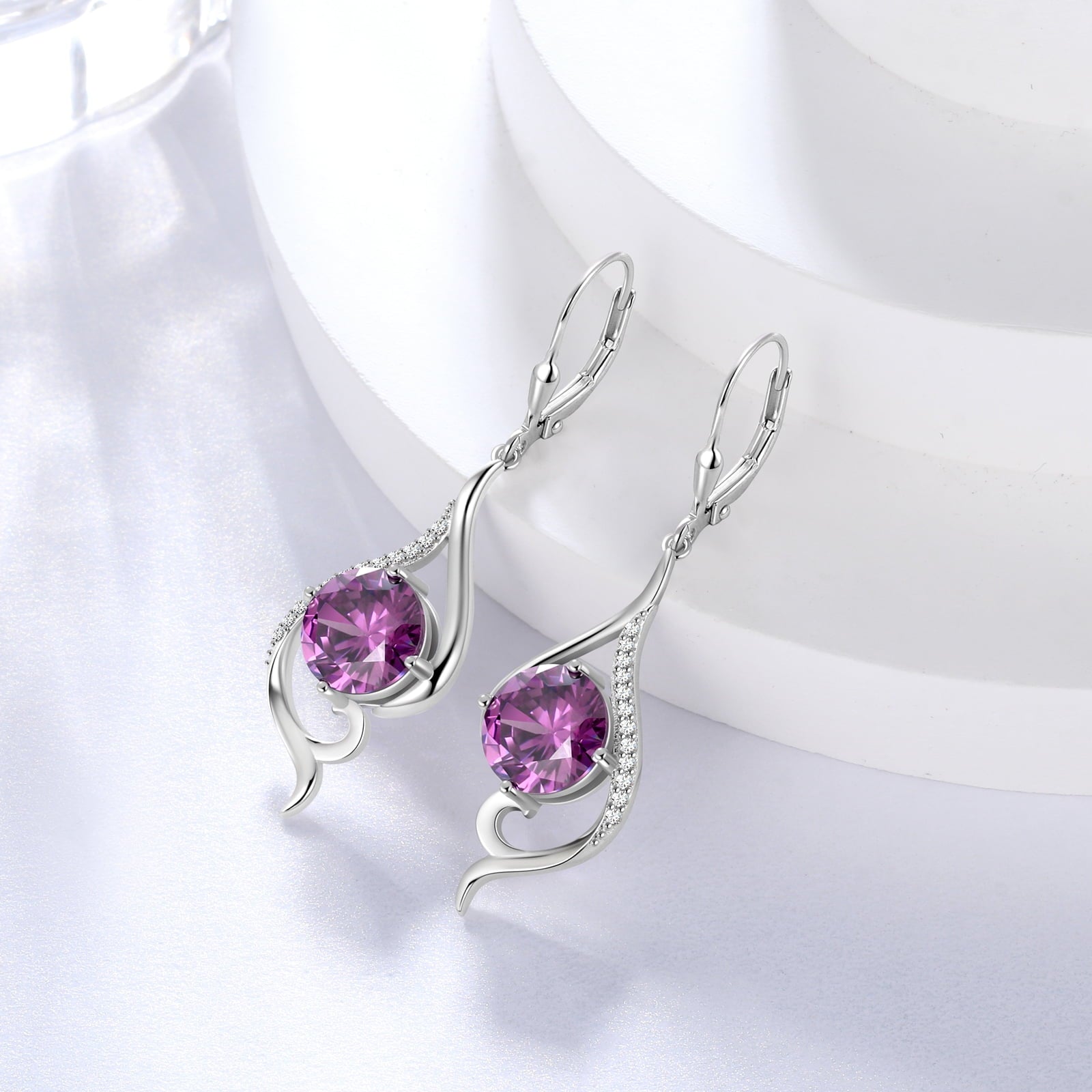 Women Drop Earrings February Birthstone Amethyst Purple Hanging Leverback Earring Sterling Silver Jewelry Christmas Birthday Valentine's Day Gift for Her/Wife/Mom - Aurora Tears
