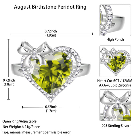6Ct Heart Women Ring Bow Kont Ribbon 925 Sterling Silver August Birthstone Peridot Adjustable Ring Jewelry Wife Mother Christmas Birthday Valentine Gift - Aurora Tears