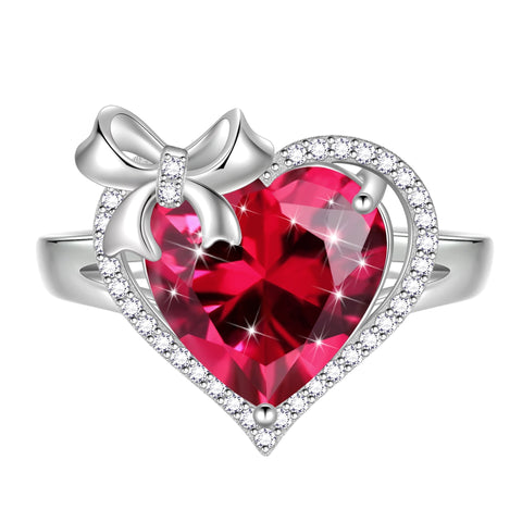 Juwaliy 6Ct Heart Women Ring Bow Kont Ribbon 925 Sterling Silver Birthstone Ring Solitaire Jewelry Mother Wife Birthday Valentine's Day Gift