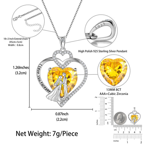 Couple Necklace for Women 925 Sterling Silver Heart November Birthstone Pendant Engraved Love Promise Engagement Jewelry Valentine's Day Gifts for Her Wife Bride - Aurora Tears