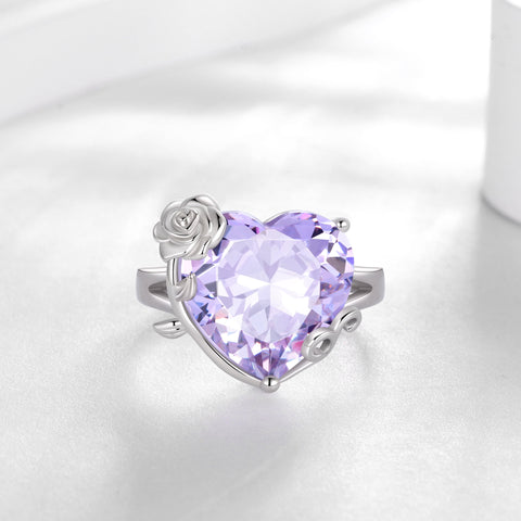 9Ct Women Heart Ring 925 Sterling Silver Rose Flower June Birthstone Alexandrite Solitaire Ring Jewelry Birthday Gift for Mother - Aurora Tears