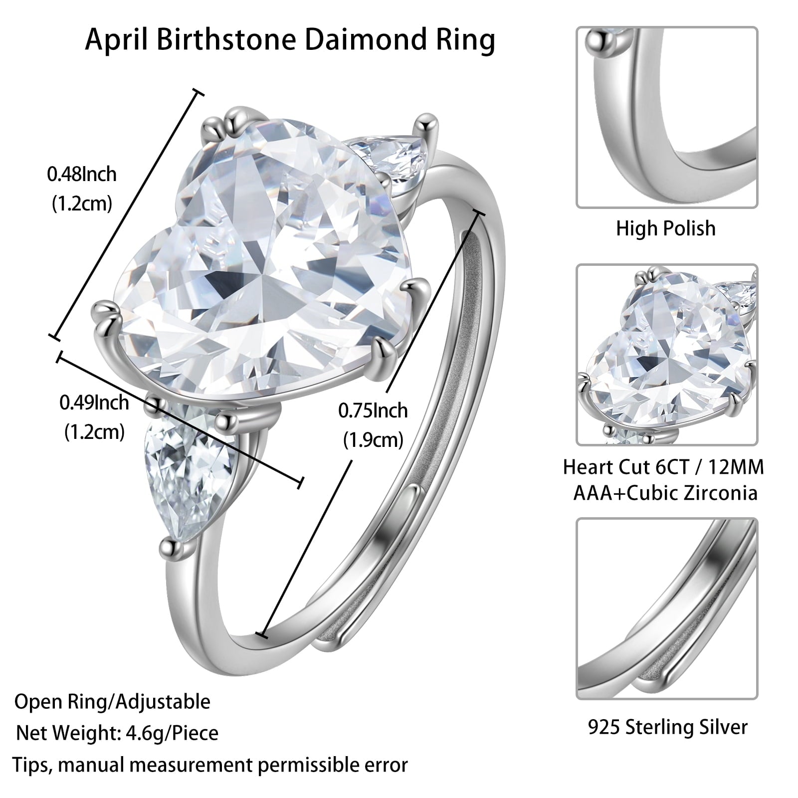 6Ct Women Heart Engagement Ring 925 Sterling Silver April Birthstone Ring Diamond Crystal Promise Wedding Bridal Jewelry Gifts - Aurora Tears