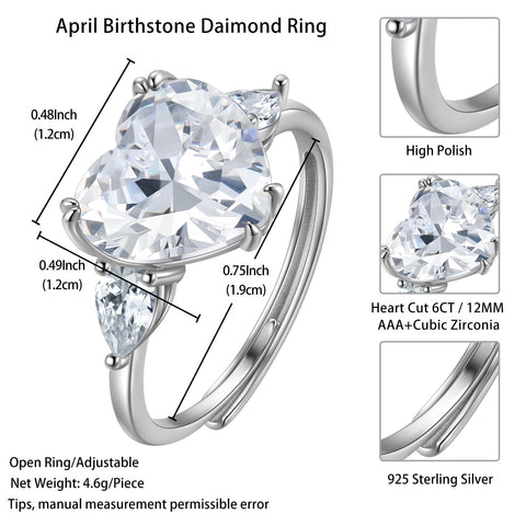 6Ct Women Heart Engagement Ring 925 Sterling Silver April Birthstone Ring Diamond Crystal Promise Wedding Bridal Jewelry Gifts - Aurora Tears