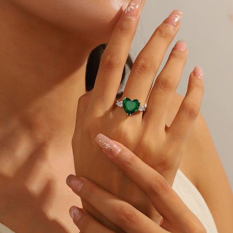 6Ct Women Heart Emerald Rings 925 Sterling Silver Green May Birthstone Ring Open Band Jewelry Birthday Christmas Mom Grandma Mother's Day Gift - Aurora Tears