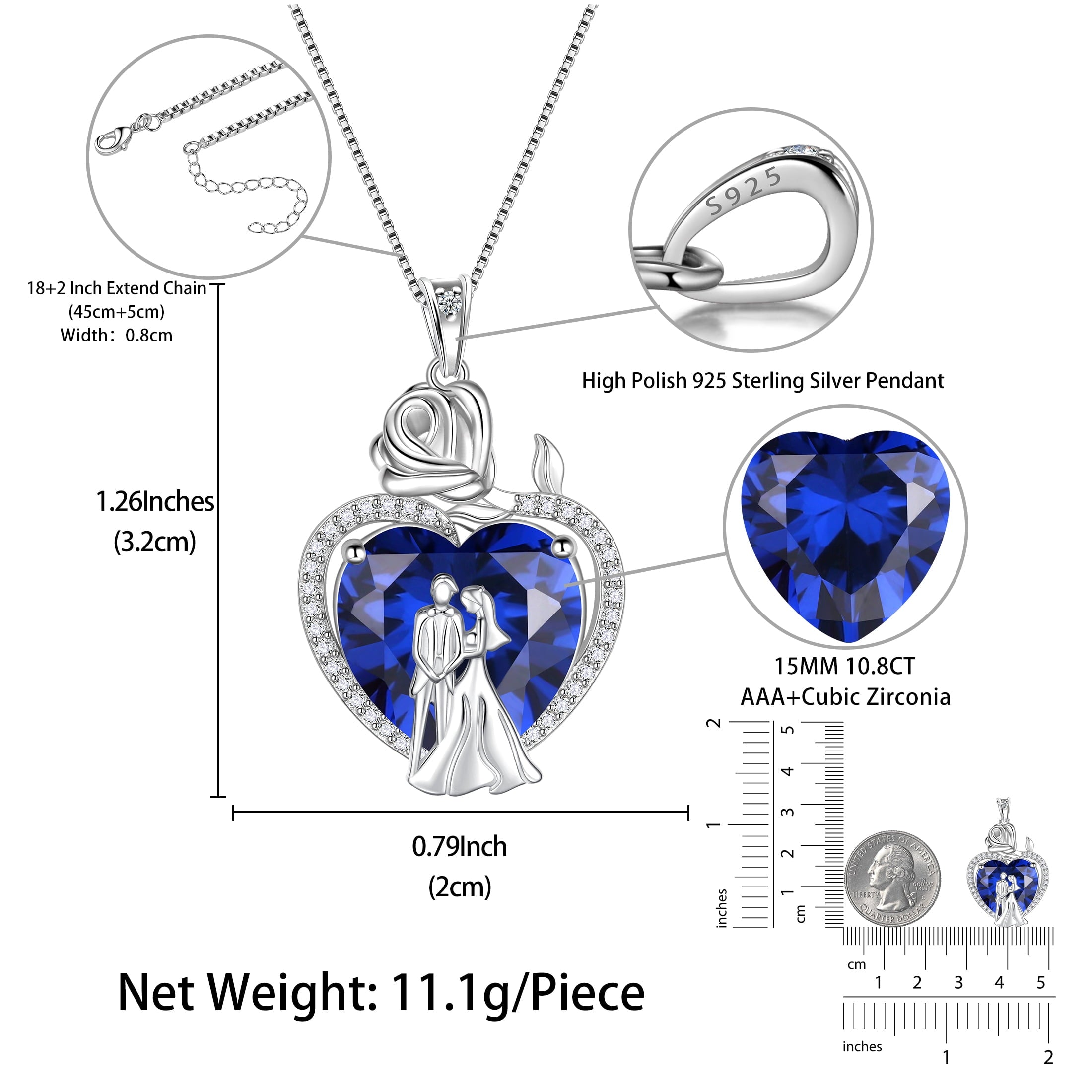 Couple Necklace for Women 925 Sterling Silver 15MM Heart September Birthstone Rose Flower Pendant Wedding Engagement Bridal Jewelry Valentines Gift for Her Wife - Aurora Tears