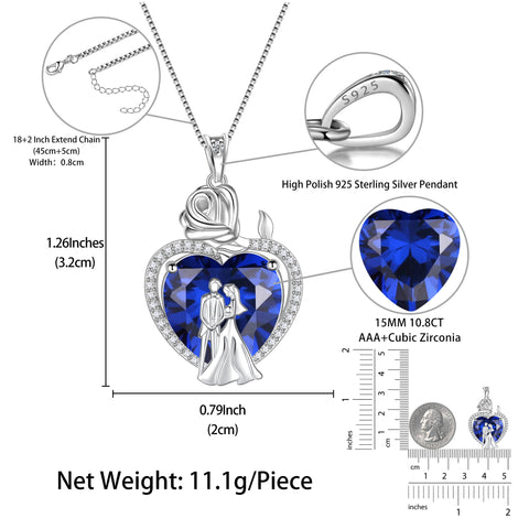 Couple Necklace for Women 925 Sterling Silver 15MM Heart September Birthstone Rose Flower Pendant Wedding Engagement Bridal Jewelry Valentines Gift for Her Wife - Aurora Tears