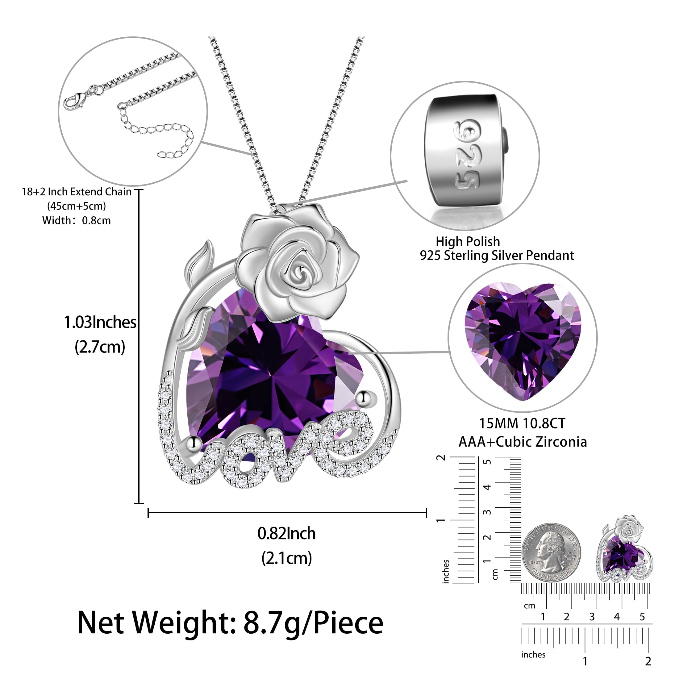 15MM Rose Heart Women Necklace February Birthstone 925 Sterling Silver Love Pendant Purple Amethyst Jewelry Mom Valentine's Day Gift for Wife Girlfriend - Aurora Tears