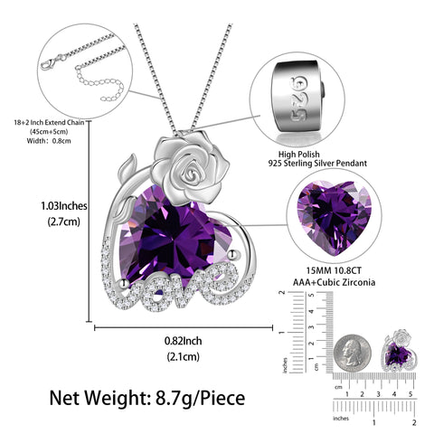 15MM Rose Heart Women Necklace February Birthstone 925 Sterling Silver Love Pendant Purple Amethyst Jewelry Mom Valentine's Day Gift for Wife Girlfriend - Aurora Tears