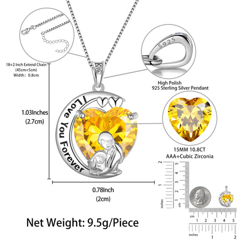 Moon Love Heart Mother and Daughter Necklace 925 Sterling Silver Yellow Citrine November Birthstone Pendant Jewelry Women Mom Christmas Birthday Gift for Daughter - Aurora Tears
