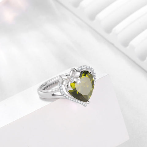 6Ct Heart Women Ring Bow Kont Ribbon 925 Sterling Silver August Birthstone Peridot Adjustable Ring Jewelry Wife Mother Christmas Birthday Valentine Gift - Aurora Tears