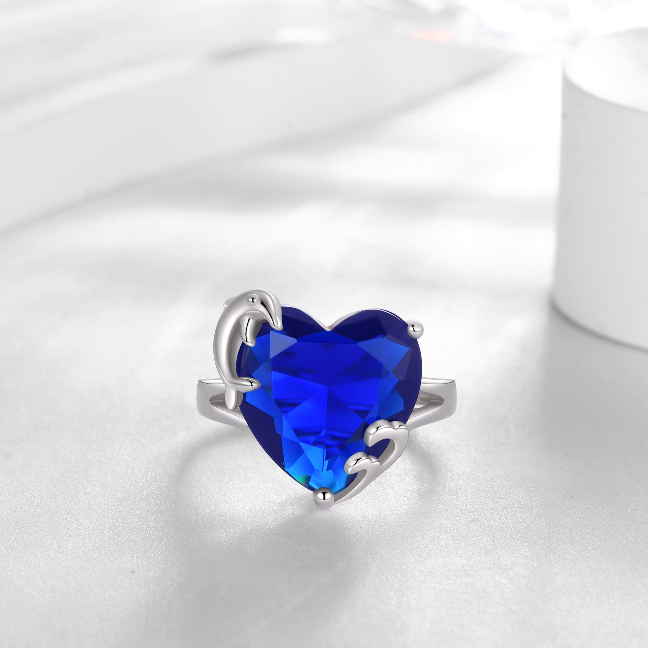 9Ct Women Heart Ring 925 Sterling Silver Dolphin September Birthstone Sapphire Blue Solitaire Ring Jewelry Birthday Mother's Day Gift - Aurora Tears