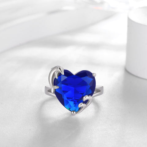 9Ct Women Heart Ring 925 Sterling Silver Dolphin September Birthstone Sapphire Blue Solitaire Ring Jewelry Birthday Mother's Day Gift - Aurora Tears