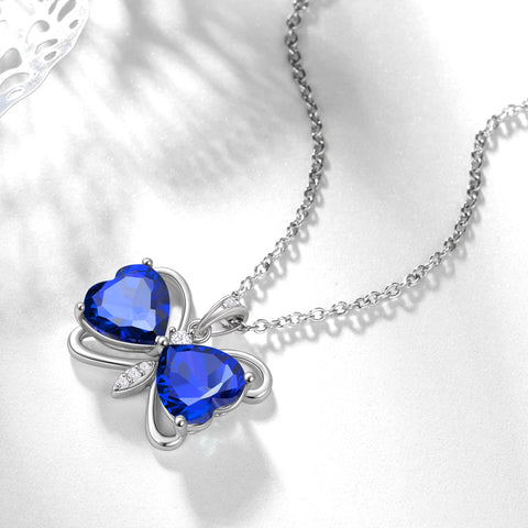 Women Blue Butterfly Necklace Heart September Birthstone Necklace Sapphire CZ Silver Plated Pendant Jewelry Birthday Mother's Day Gift for Her - Aurora Tears