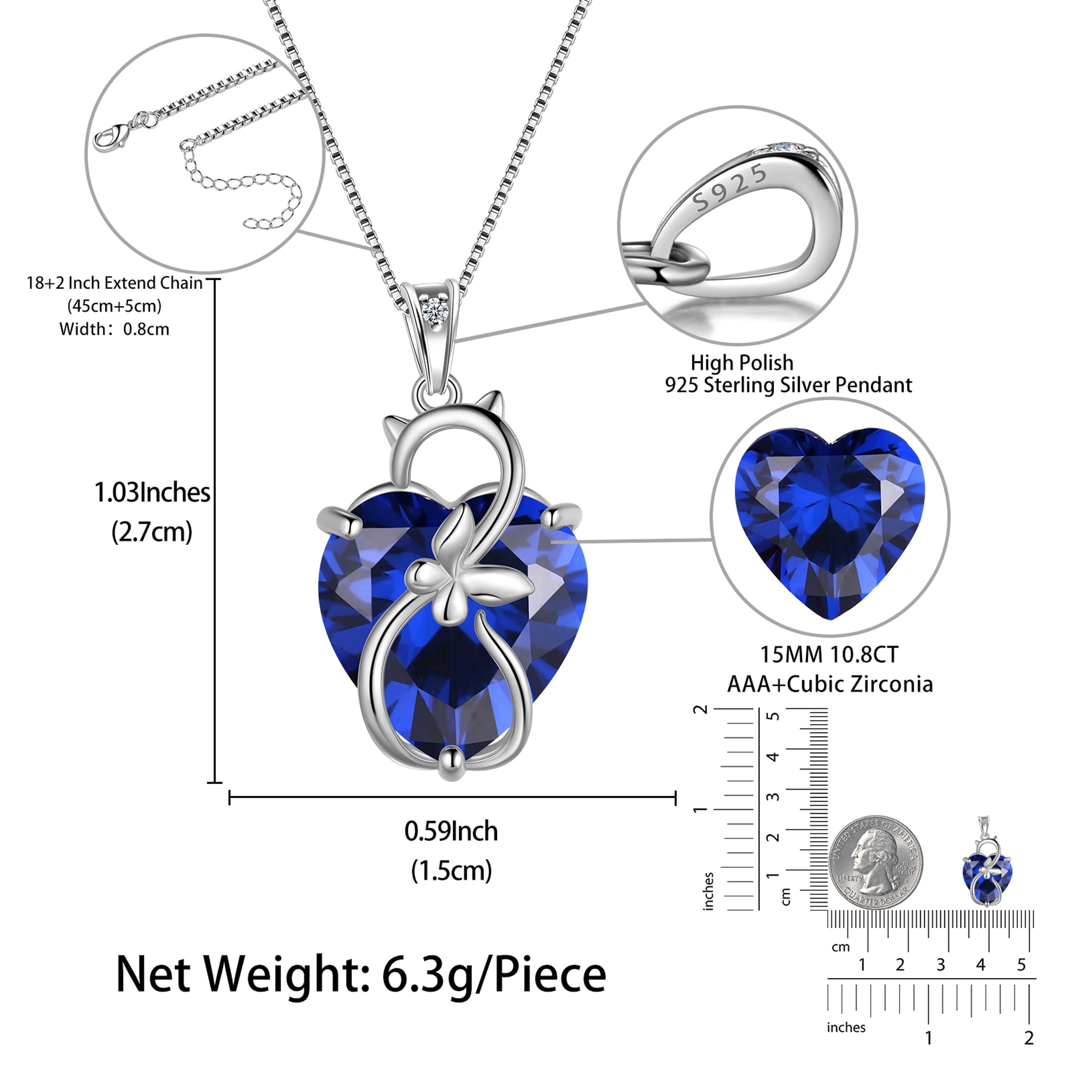 15MM Women Cat Necklace Heart September Birthstone 925 Sterling Silver Pendant Butterfly Blue Sapphire Jewelry Birthday Mother's Day Gift - Aurora Tears