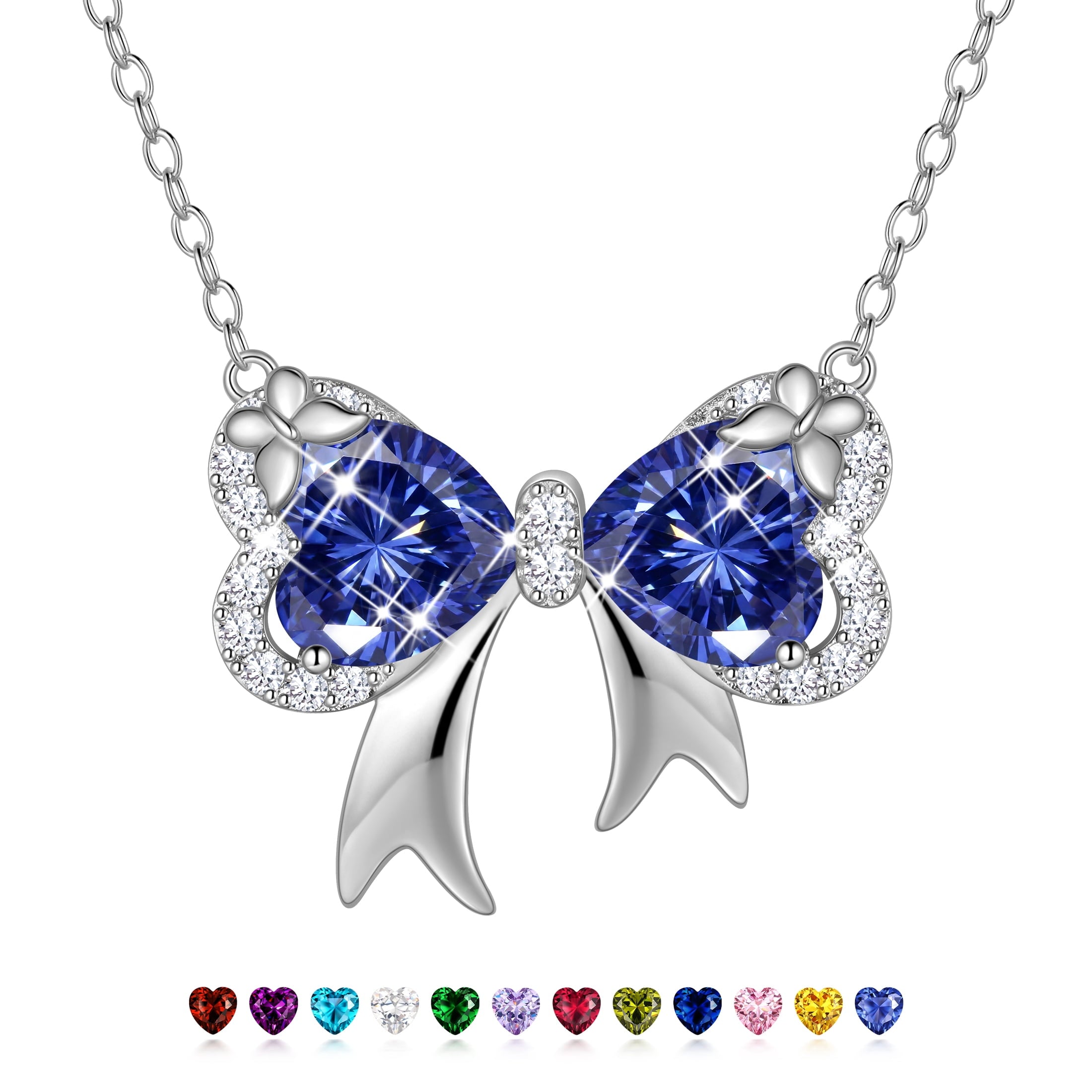 Juwaliy Silver Plated Buttefly Necklace for Women, December Birthstone Tanzanite Blue Bow Tie Pendant Jewelry Christmas Birthday Valentines Gift for Mother/Wife/Daughter