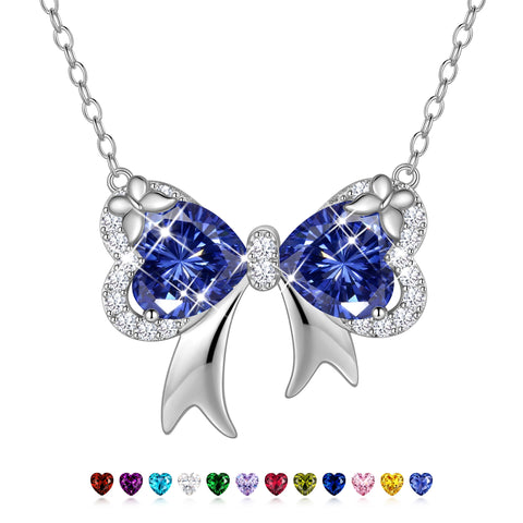 Juwaliy Silver Plated Buttefly Necklace for Women, December Birthstone Tanzanite Blue Bow Tie Pendant Jewelry Christmas Birthday Valentines Gift for Mother/Wife/Daughter