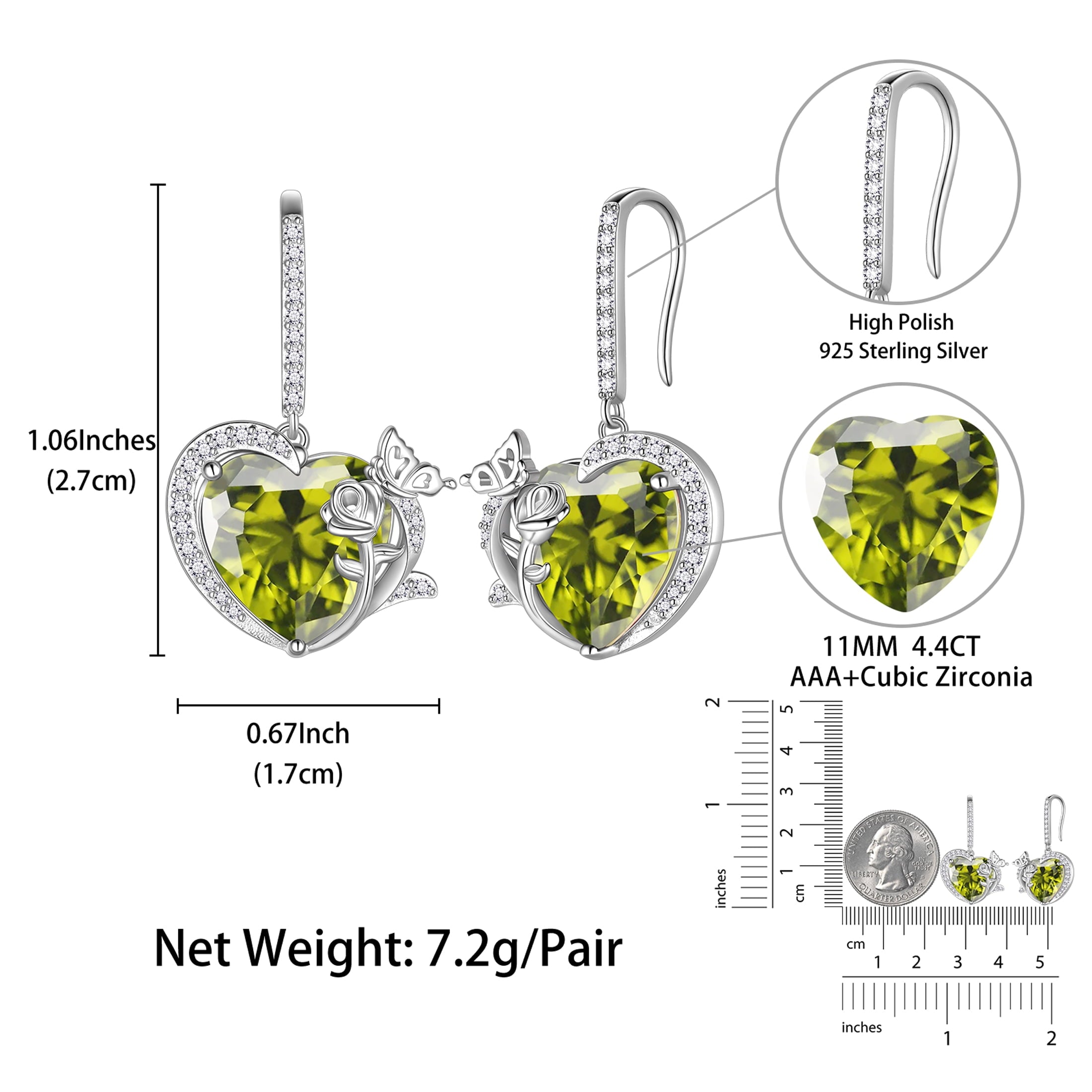Women August Birthstone Drop Earrings Heart Peridot Butterfly Rose Jewelry Hook 925 Sterling Silver Earring Mother Valentine's Day Gifts - Aurora Tears