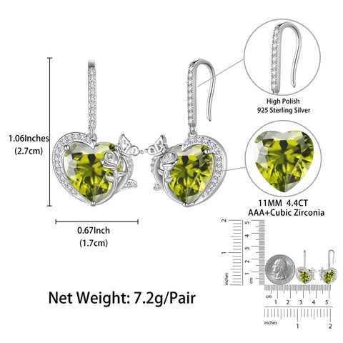 Women August Birthstone Drop Earrings Heart Peridot Butterfly Rose Jewelry Hook 925 Sterling Silver Earring Mother Valentine's Day Gifts - Aurora Tears