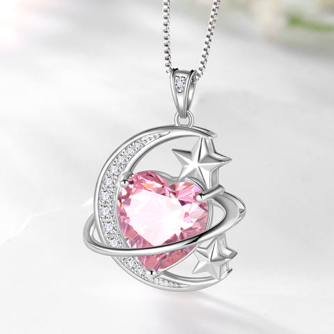 13MM Women Moon Star Necklace Heart October Birthstone 925 Sterling Silver Pendant Pink Tourmaline Plane Jewelry Christmas Birthday Valentine's Day Gift for Her/Wife/Mother - Aurora Tears