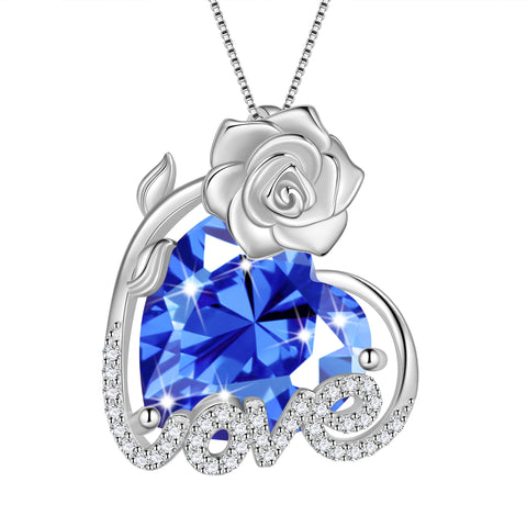 15MM Women Rose Necklace Love Heart Birthstone 925 Sterling Silver Pendant Jewelry Girls Gift