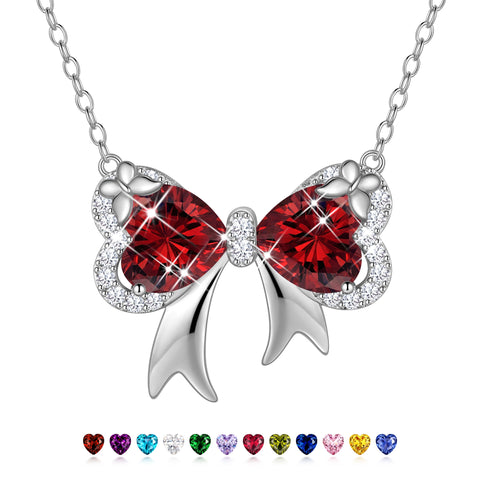 Juwaliy Silver Plated Buttefly Necklace for Women, January Birthstone Garnet Red Bow Pendant Jewelry Christmas Birthday Valentines Gift for Mother/Wife/Daughter