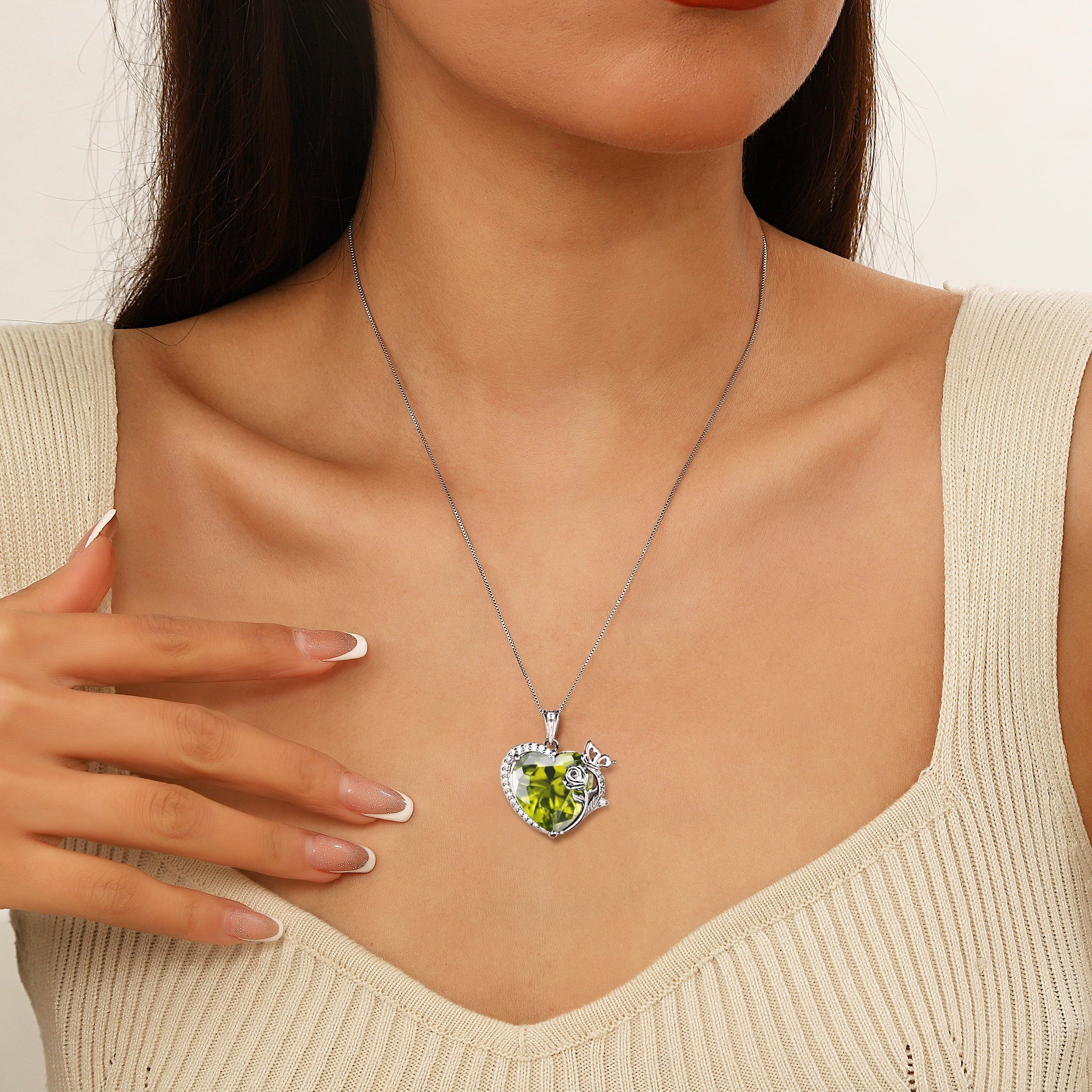 Women Heart Necklace Butterfly Rose Flower Pendant August Birthstone Peridot Jewelry 925 Sterling Silver Wife Mother Birthday Anniversary Gift - Aurora Tears