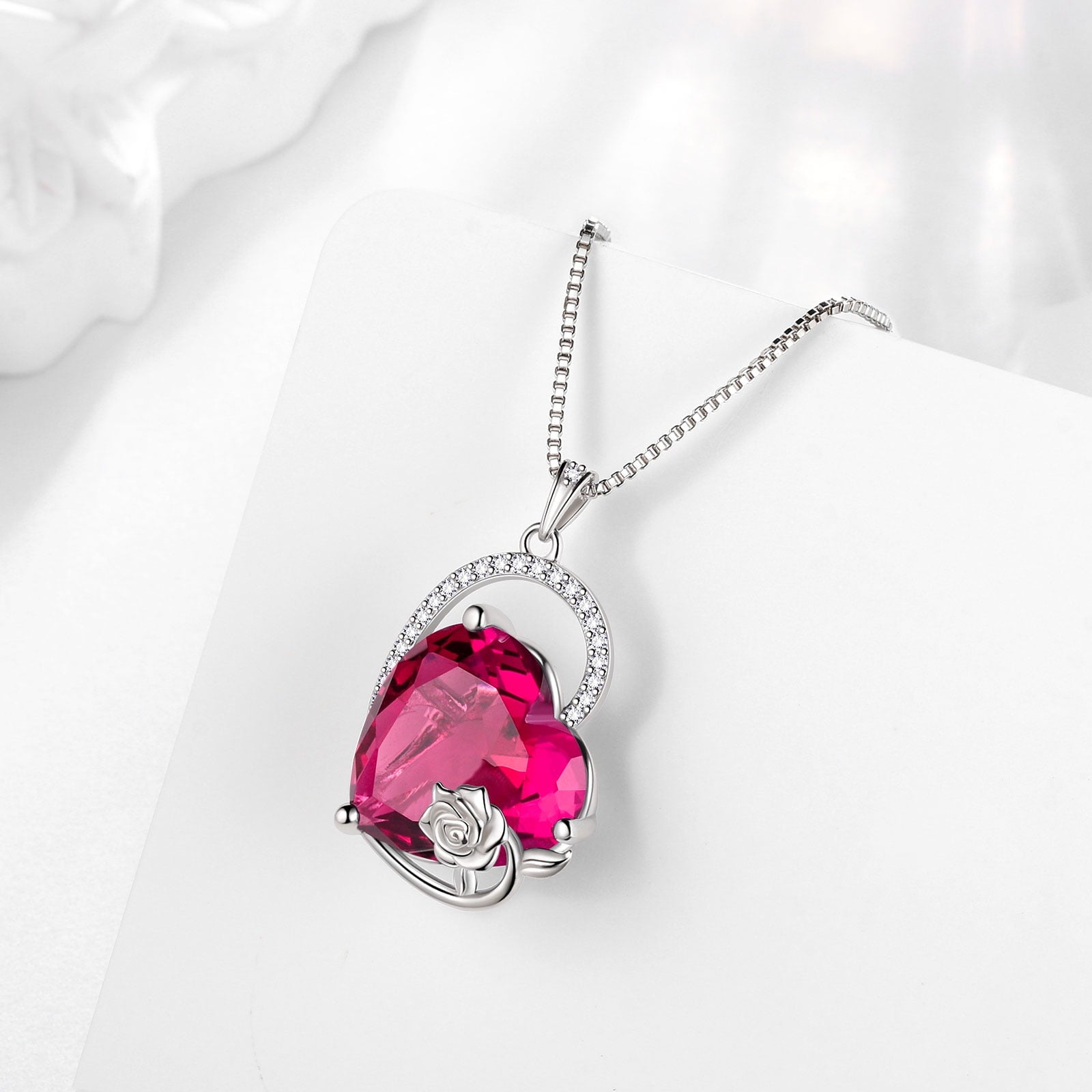 925 Sterling Silver 15MM Heart Necklace Women July Birthstone Ruby Jewelry Red Rose Flower Pendant Mother Christmas Birthday Valentines Day Gift for Her - Aurora Tears