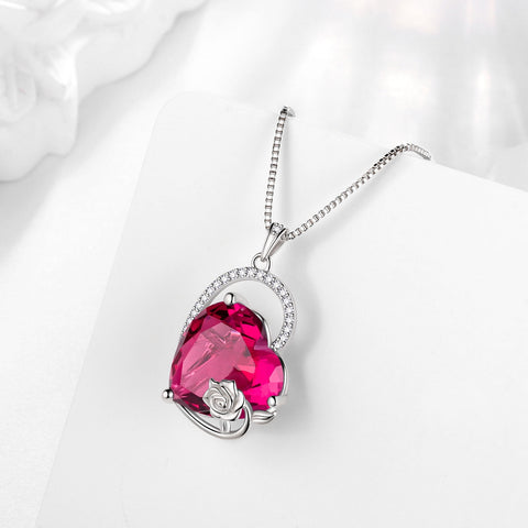 925 Sterling Silver 15MM Heart Necklace Women July Birthstone Ruby Jewelry Red Rose Flower Pendant Mother Christmas Birthday Valentines Day Gift for Her - Aurora Tears