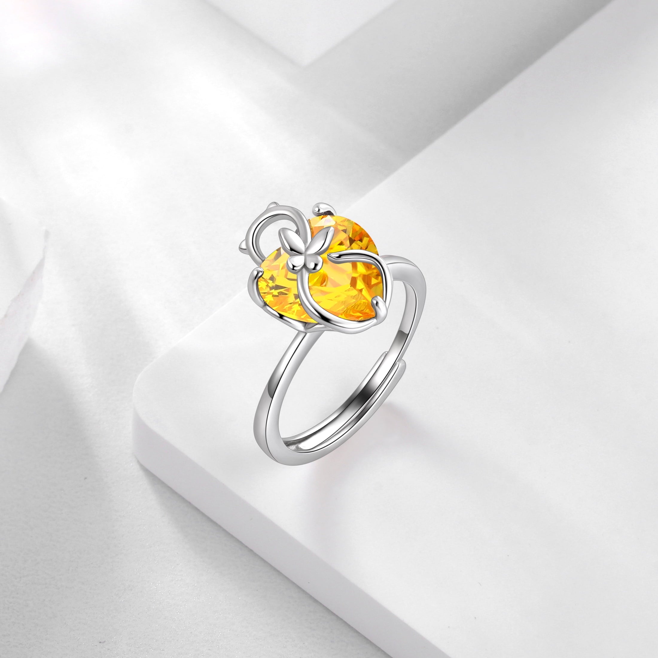 Women Heart Ring 925 Sterling Silver Cat Butterfly November Birthstone Citrine Solitaire Ring Jewelry Christmas Thanksgiving Gift for Mother Cat Lover - Aurora Tears