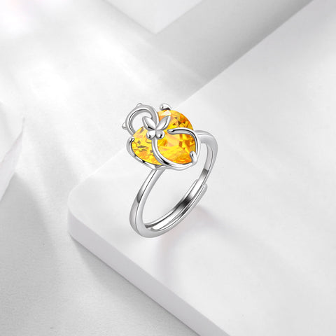 Women Heart Ring 925 Sterling Silver Cat Butterfly November Birthstone Citrine Solitaire Ring Jewelry Christmas Thanksgiving Gift for Mother Cat Lover - Aurora Tears