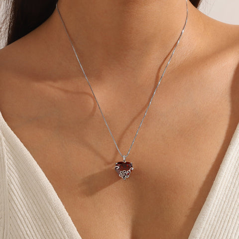 Women Heart Necklace January Birthstone Garnet Jewelry Red Flower Rose Pendant 925 Sterling Silver Mother Birthday Christmas Valentine's Day Gift - Aurora Tears