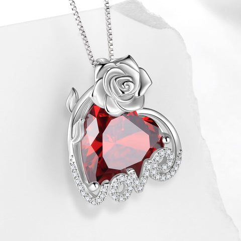 15MM Rose Heart Women Necklace January Birthstone 925 Sterling Silver Love Flower Pendant Garnet Jewelry Valentine's Day Gift for Wife Mother Girlfriend - Aurora Tears