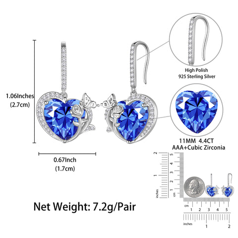 Women December Birthstone Drop Earrings Heart Tanzanite Blue Butterfly Rose Jewelry 925 Sterling Silver Hook Birthday Christmas Mother's Day Gift - Aurora Tears