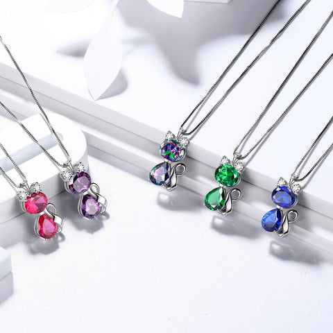 Cat Necklace Birthstone Pendant Women Jewelry Gifts 925 Sterling Silver - Aurora Tears