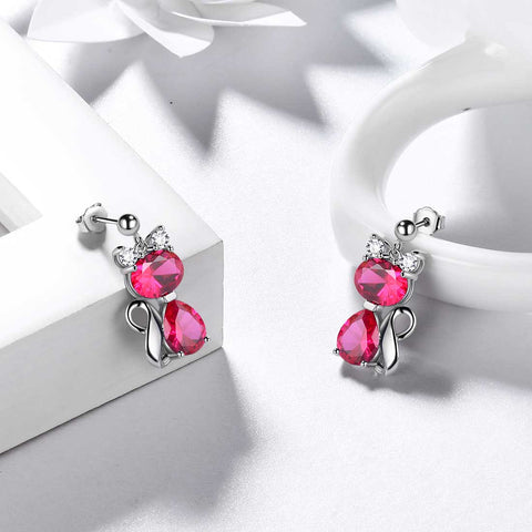 Boucles d'oreilles chat pierre de naissance juillet rubis femmes filles bijoux cadeau d'anniversaire en argent sterling