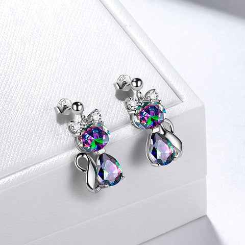 Gatto Orecchini in Argento Sterling 925 Blu Viola Zirconia Gattino con Gatto Orecchini in Argento Sterling 925 Blu Viola Zirconia Gattino con