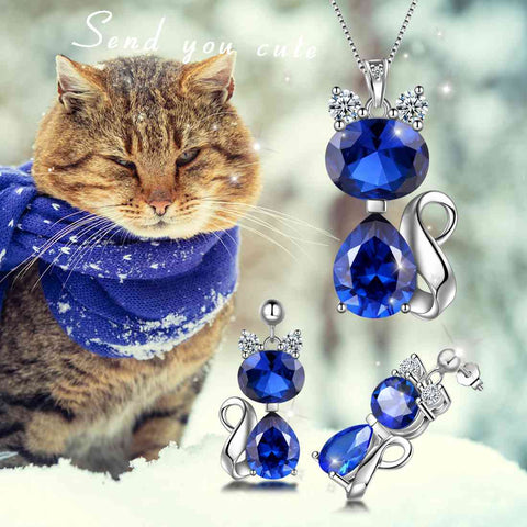 Cat Birthstone September Sapphire Necklace Earring Jewelry Set Women Girls Birthday Gift