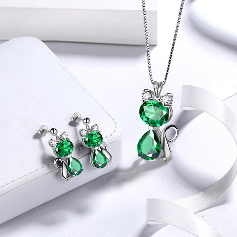 Katze Geburtsstein Mai Smaragd Halskette Ohrring Schmuckset Frauen Mädchen Geburtstagsgeschenk