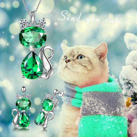Katze Geburtsstein Mai Smaragd Halskette Ohrring Schmuckset Frauen Mädchen Geburtstagsgeschenk