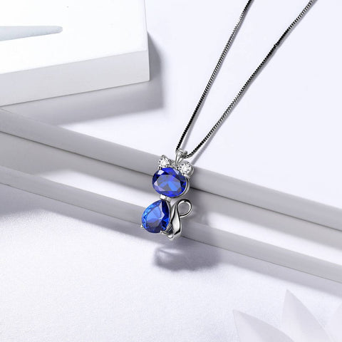 Collar de zafiro con piedra natal de gato, joyería para mujeres y niñas, regalo de cumpleaños, plata de ley